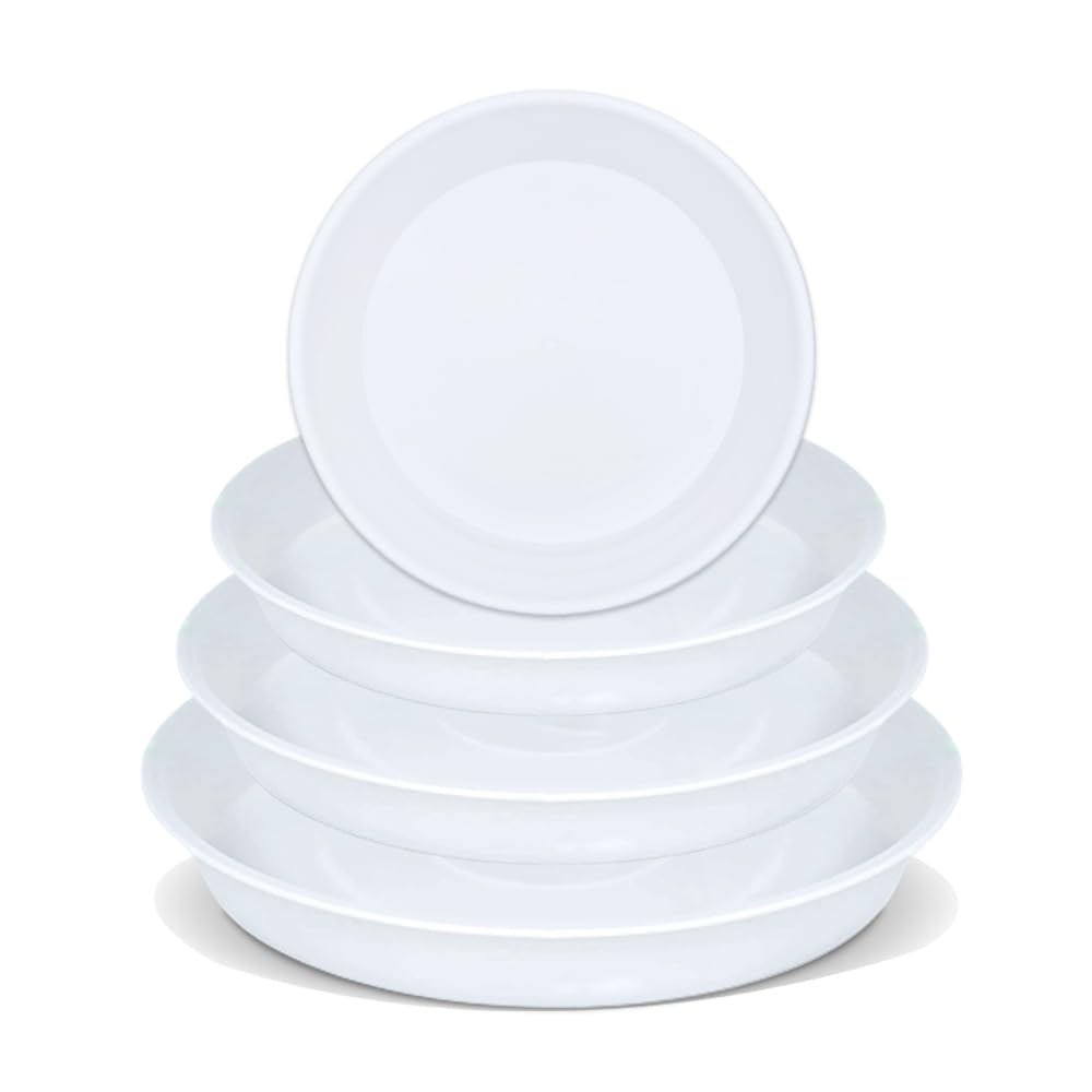 SLS SUPPLY FLORA - Durable Plant Saucers, Mix Sizes Pack of 12, Flower Plant Pot Saucer, Stylish Plant Tray Saucers for Indoors and Outdoors, Made of Thick and Strong Plastic - White