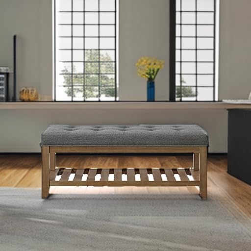 24KF Large Rectangular Upholstered Tufted Linen Fabric Ottoman Bench, Padded