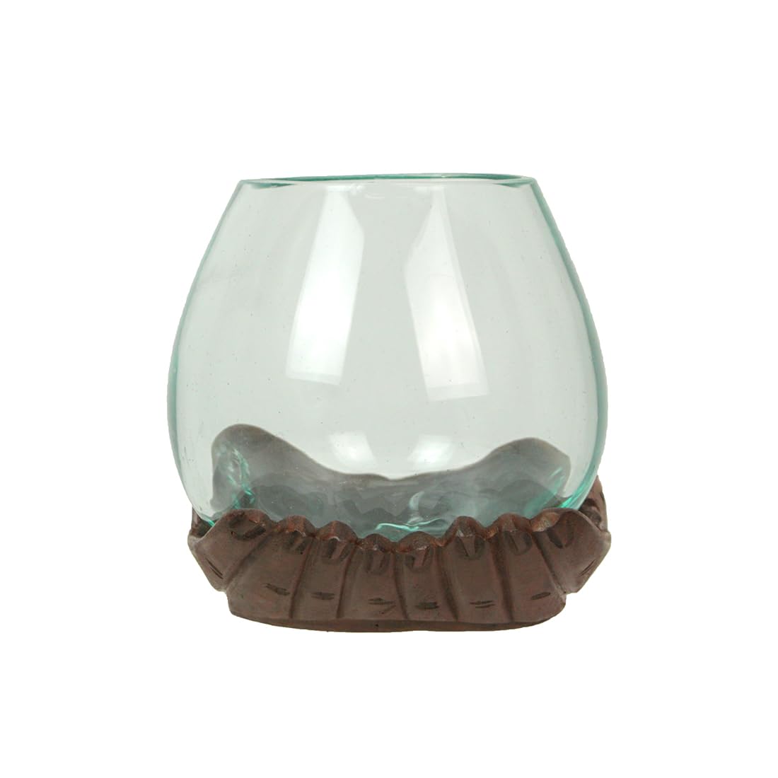 Blown Molten Glass and Carved Wood Hands Decorative Bowls, Vases, and Terrariums, 6 Inches High
