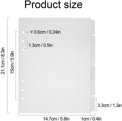 A5 Plastic Binder Dividers 6 Holes Durable Plastic Tab Dividers for 6-Ring Binders, Notebooks, Planners (Clear - 1Set & Stickers)
