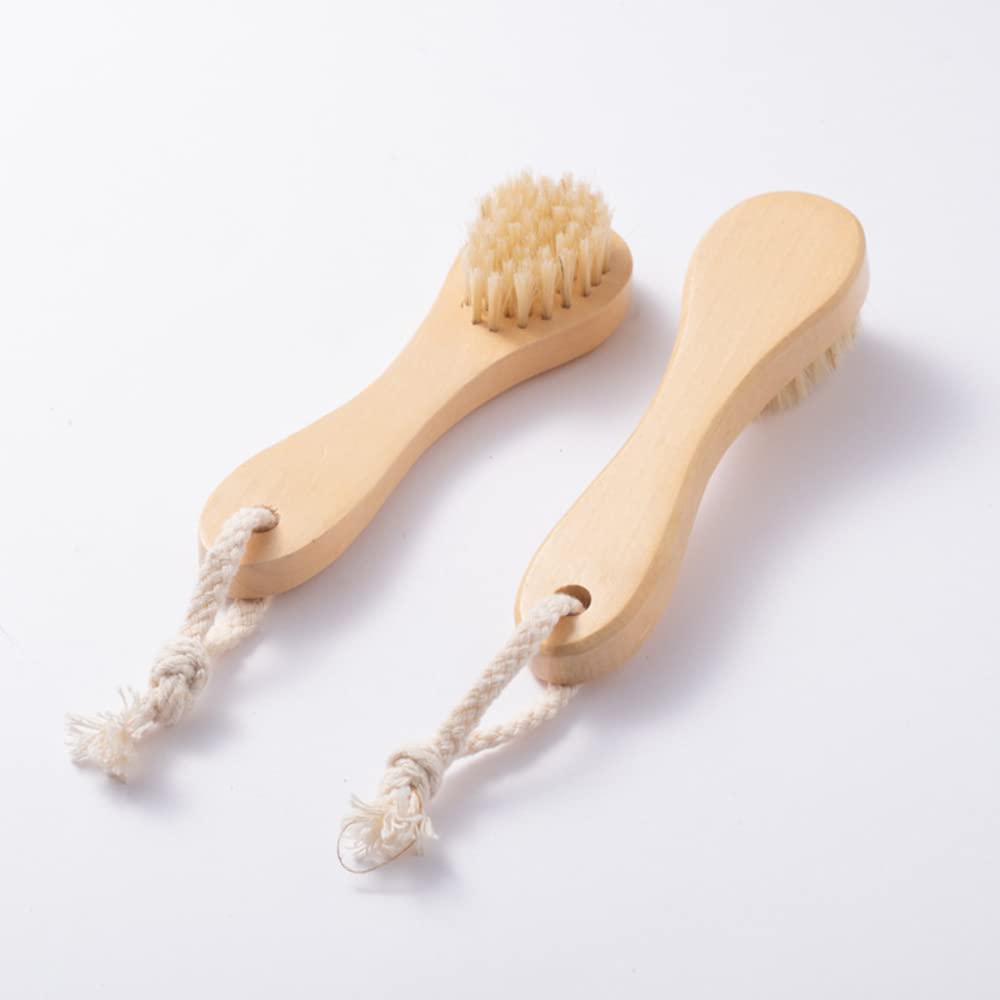 Natural Soft Wool Bristles Dry Facial Cleansing Brush, 6" Face Skin Care Exfoliating Scrub Brush, 2 Pack Wood Handle Face Brush Cleanser.