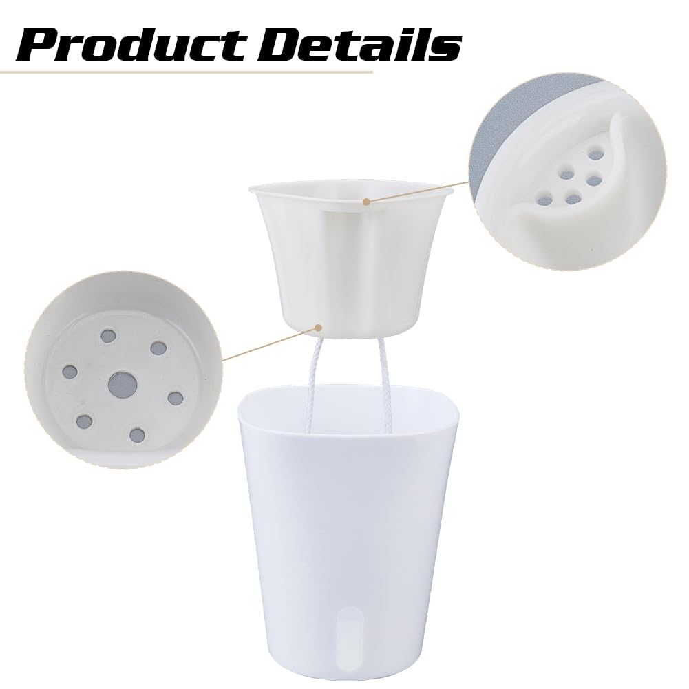Doodlream 6 Kits Self Watering Pots for Indoor Plants, 4.93inch White Plastic Self Watering Planters for Herbs Succulents, Garden Decorative Flower Pots with Water Visual Window, Water-Absorbing Rope