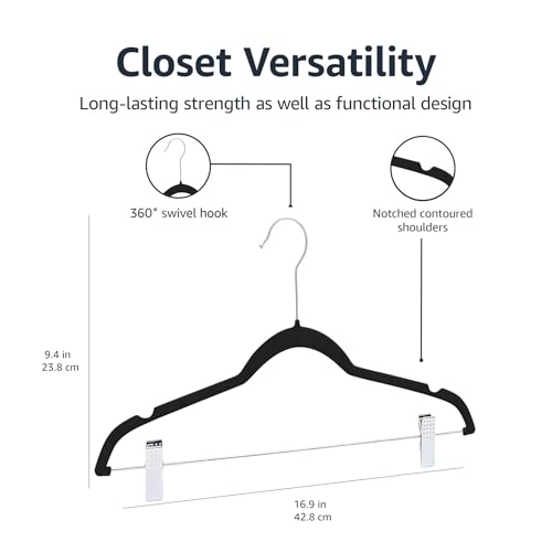 Amazon Basics Velvet, Non-Slip Skirt Clothes Hangers with Clips, Organize Pants and Skirts, Black/Silver, Pack of 24