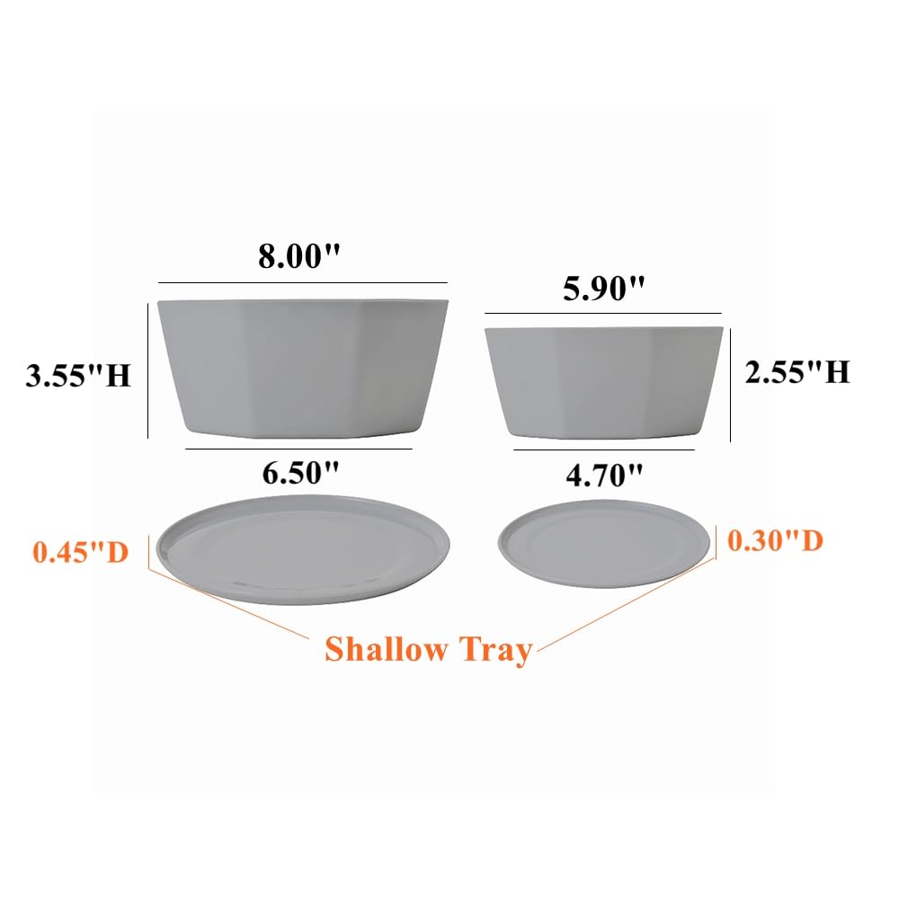 BangQiao 8 Pack 8.00 inch and 5.90 inch Gray Plastic Shallow Plant Pot, Octagon Bowl Planter Container with Pot Tray for Succulents, Cactus
