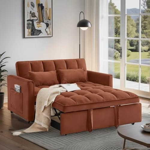 3 in 1 Convertible Sofa Bed, Velvet Fabric Loveseat Sleeper Couch, Modern Pull