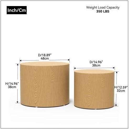 Small Round Coffee Table Nesting End Table Set of 2, Wood Side Circle Accent