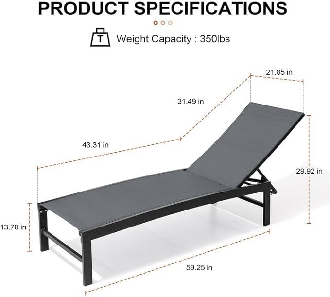 Crestlive Products Chaise Lounge Chair Outdoor Set of 2, Adjustable 5 Positions