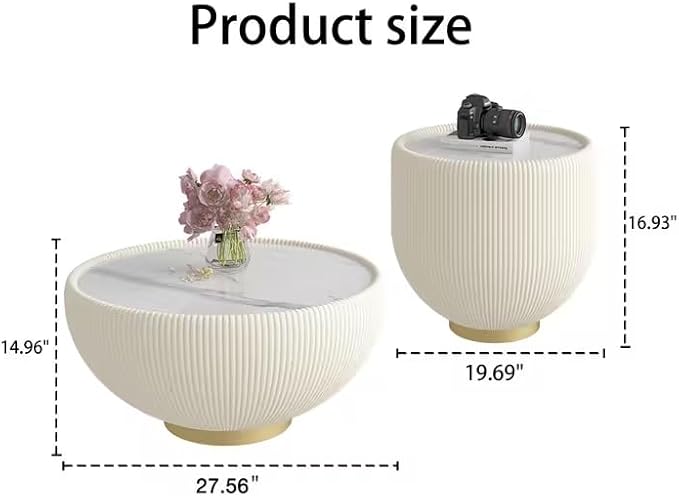 Round Marble Coffee Table Set of 2, 2 Piece White Coffee Table and End Table