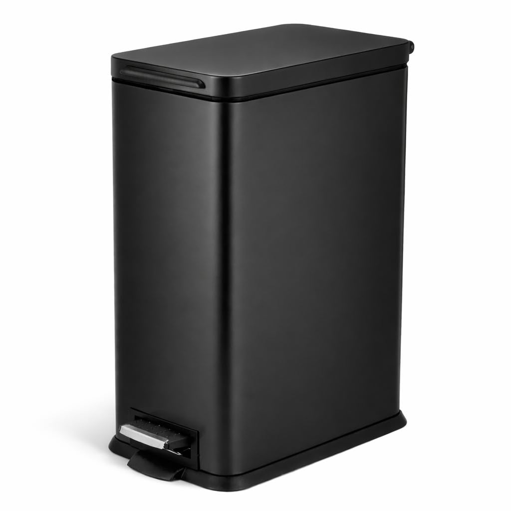 Home Zone Living 4 Gallon Slim Kitchen Trash Can with Soft Close Lid and Step Pedal, Matte Black Stainless Steel Wastebasket with Removable Bucket