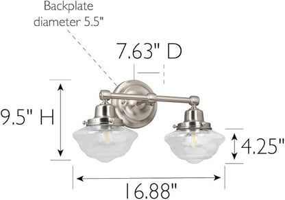 Design House Vintage-Inspired Schoolhouse 2-Light Dimmable Vanity Light, 16.875 in x 7.625 in x 9.5 in, Satin Nickel, Clear Seeded Glass Shades, 589135-SN