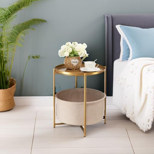 danpinera Gold Side Table with Fabric Storage Basket, Metal Round Side Small