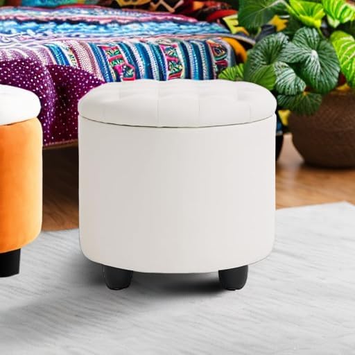Furniliving Upholstered Button Tufted Round Ottoman, PU Storage Ottoman Round