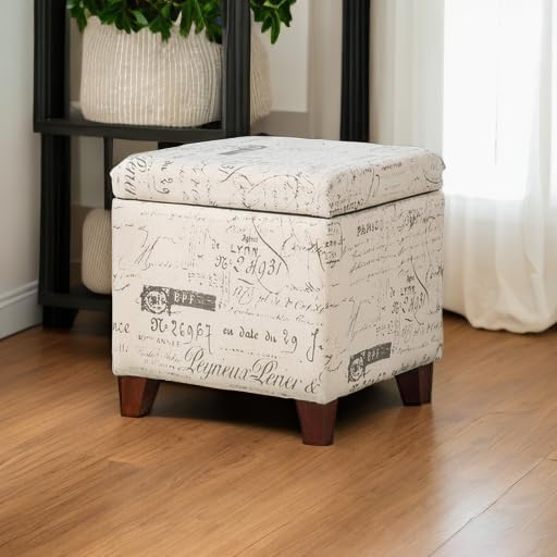 Adeco Fabric Script Pattern Cube Storage Footstool, Hinged Lid, Solid Wood Legs