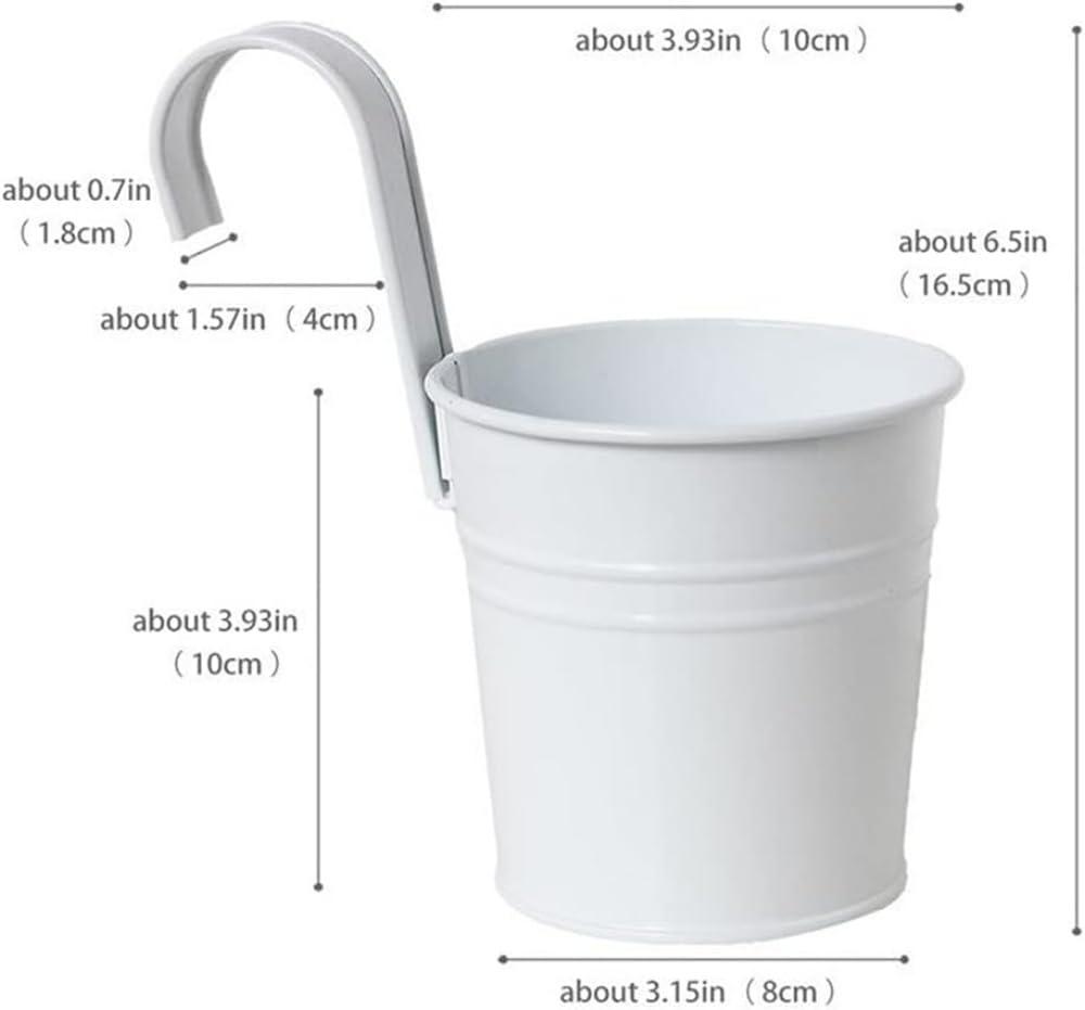 XZJMY 5 Pcs Hanging Flower Pots Metal Iron Bucket Planter Pot Metal Bucket Flower Holder with Hook Indoor Outdoor Decor for Railing Fence Balcony Garden (White)