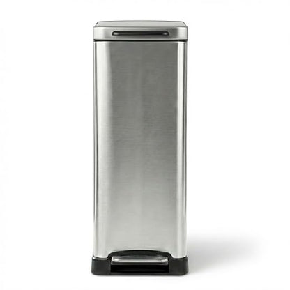 Home Zone Living 12 Gallon Kitchen Trash Can with Slim Fit Design | Stainless Steel with Soft-Close Step Pedal Lid, Bag Tuck Band for Easier Bag Changes, Rectangular Shape, Silver