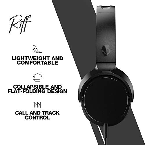 Skullcandy Riff On-Ear Wired Headphones, Convenient for Travel with 3.5mm Plug, Built-In Microphone, Foldable Lightweight Comfortable Design, Durable Headband - Black
