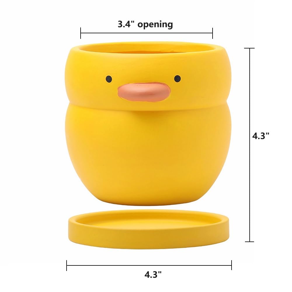 GeLive 4 Inch Yellow Duck Plant Pot Ceramic Planter with Drainage Tray Indoor Plants Succulent Pot Tabletop Organizer Decor Pen Holder Cartoon Statue Unique Gift