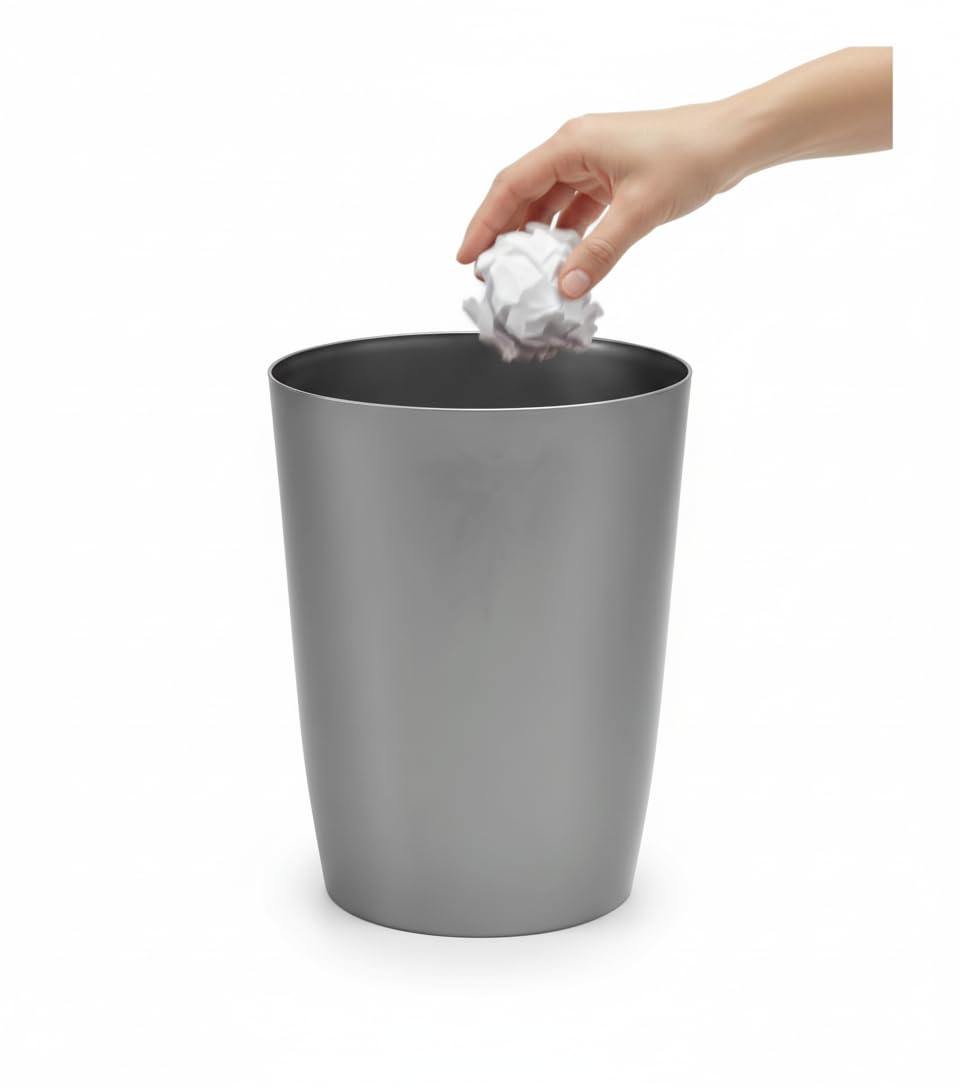 Mini Waste Basket - Durable Small Plastic Garbage Trash Can Bin - Lidless Open-Top, Slim Profile for Compact Spaces - Suitable for Home, Bathroom, Office, Bedroom, Kitchen and More, Silver Brushed