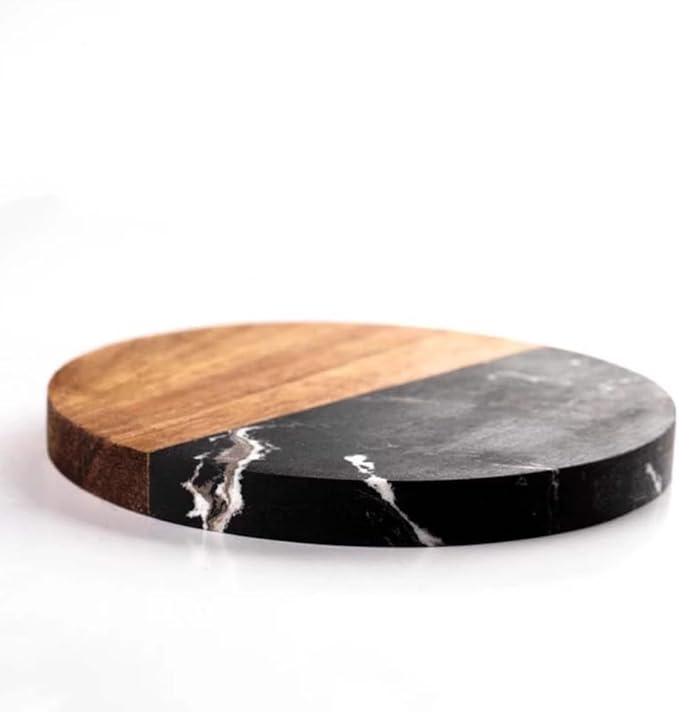 I-LAN 4-Pack Black Marble and Acacia Wood Coasters, 4-Inch Round Modern Drink