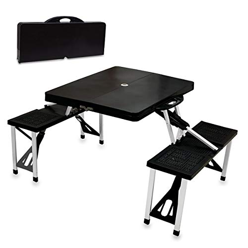 PICNIC TIME Picnic Table Portable Folding Table with Umbrella Hole and Bench Seats for Four for Tailgating, Picnics, and Beach, Collapsible to Suit-Case Style for Easy Transport, Lightweight, (Black)