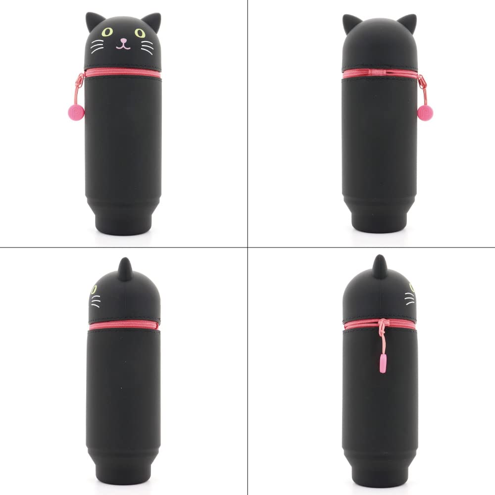 LIHITLAB Kawaii Japanese Cat Large Stand Up Pencil Case For School Office College, Cute School Supplies, Animal Pen Holder Pencil Pouch Holder Girls, Artist Pencil Case, Gray Cat (A7714-4)