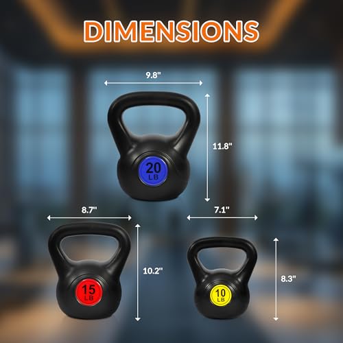 Fitvids Wide Grip 3-Piece or 4-Piece Kettlebell Exercise Fitness Weight Set, Include 5 lbs, 10 lbs, 15 lbs and 20 lbs, Set of 3 or Set of 4