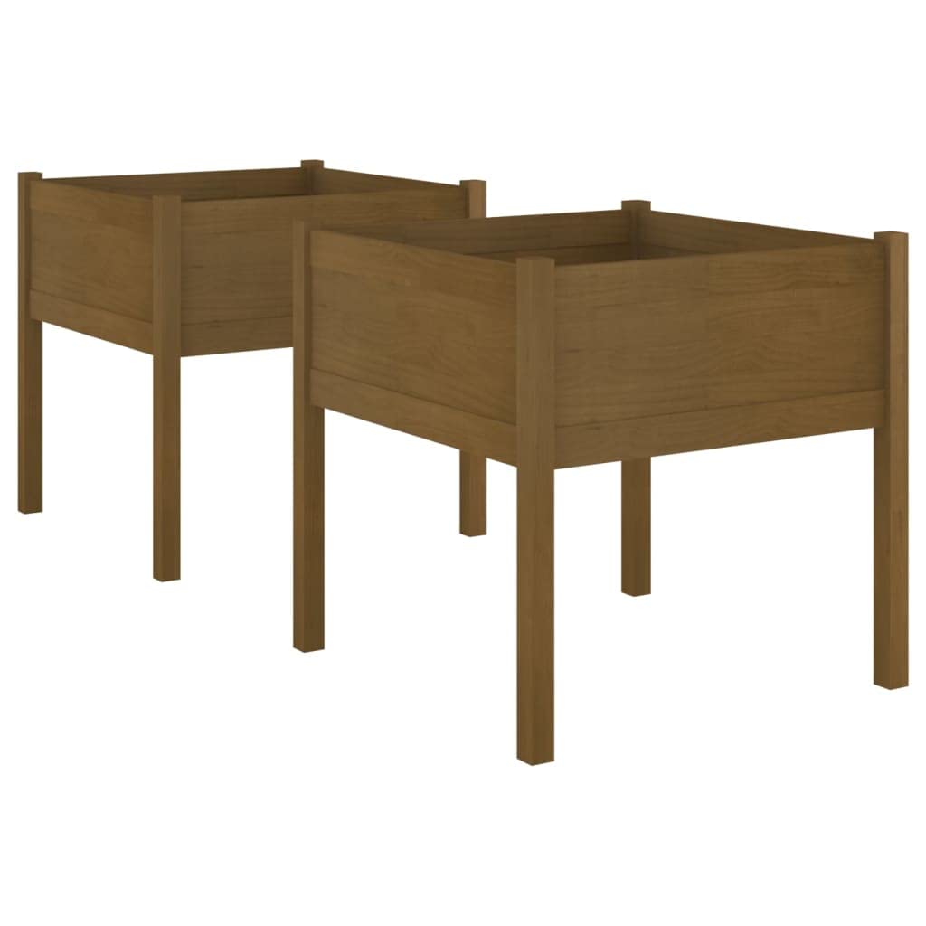 Xolmizyn Set of 2 Large Square Wooden Garden Planters, Honey Brown Solid Pinewood Flower Pot Box for Outdoor Patio, Terrace, and Balcony Decoration