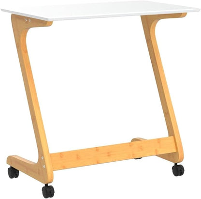 Nnewvante TV Tray Table with Wheels Sofa Side Table with Casters Couch Laptop Desk End Table Snack Tray for Living Room Bedroom Small Spaces White Bamboo Large 29.5'' x 15.8''