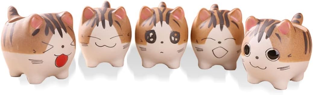 whungfa Set of 5 Handmade Mini Cute Cat Cartoon Ceramic Succulent Pots Planters with Drainage Hole for Small Plants Animal Lovers Home and Office Desk Decoration