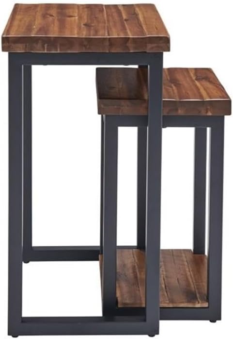 Claremont Rustic Wood Nesting End Tables, Solid Wood and Black-Finished Metal