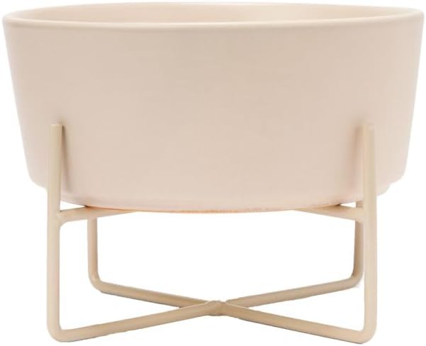 Waggo Simple Solid Dog Bowl and Dog Bowl Stand - Single Iron Stand with Single Ceramic Feeder or Water Bowl (Matte Buttercream, Small)