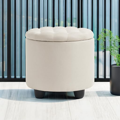 Furniliving Modern Round Storage Ottoman, Button Tufted Ottoman Foot Stools