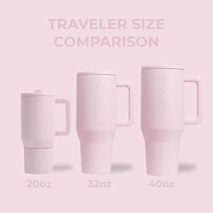 HydroJug Traveler - 32 oz Water Bottle with Handle & Flip Straw - Fits in Cup Holder, Leak Resistant Tumbler-Reusable Insulated Stainless Steel & Rubber Base - Gifts for Women & Men, Pink Sand