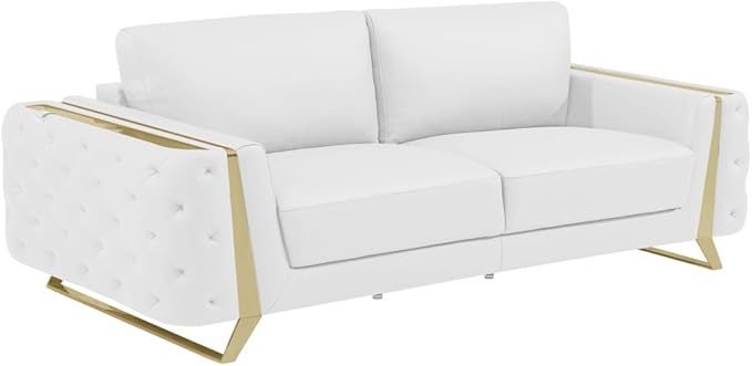 HomeRoots 491053 34 x 90 x 39 in. White Italian Leather & Gold Standard Sofa