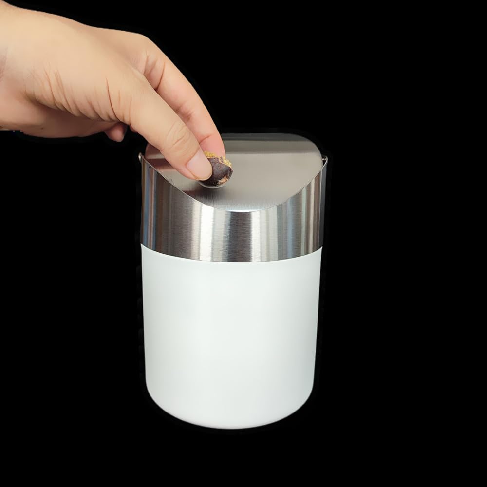 Ebonee Mini Desktop Trash Can with Swing Lid, Stainless Steel Tiny Garbage Bin Can, Come with Trash Bag, Small Metal Countertop Trash Bin Can for Home, Office, Bathroom, Kitchen, Car, Bedroom (White)