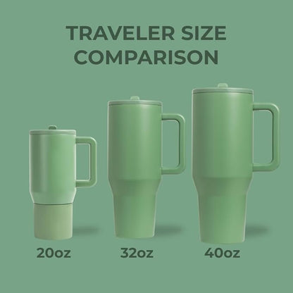 HydroJug Traveler - 32 oz Water Bottle with Handle & Flip Straw - Fits in Cup Holder, Leak Resistant Tumbler-Reusable Insulated Stainless Steel & Rubber Base - Gifts for Women & Men, Sage