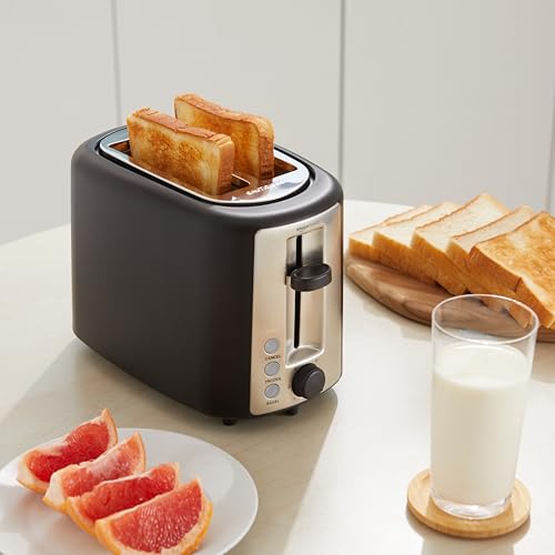 Amazon Basics 2 Slice Toaster, With 6 Browning Settings, Extra Wide Slots For Bagels and Special Breads, Removable Easy-to-Clean Crumb Tray, Cancel/Defrost/Bagel Buttons, 900W, Black & Silver