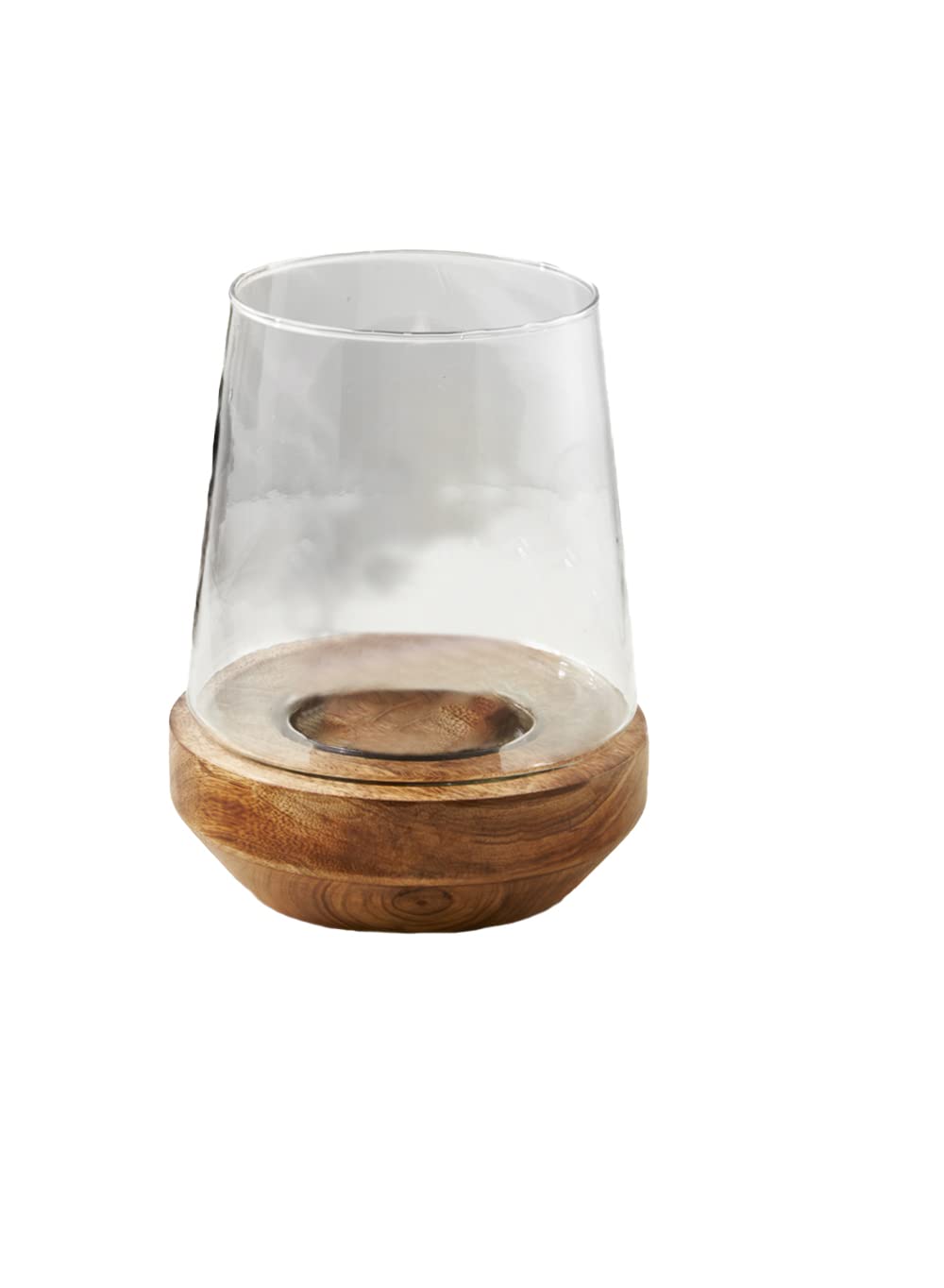 Serene Spaces Living Glass Hurricane with Natural Wood Base, Decorative Candle Holder, Glass Terrarium Vase, Bud Vase, Potpourri Container, Wedding, Event, Home Decor, 7.75" Diameter & 9.75" Tall