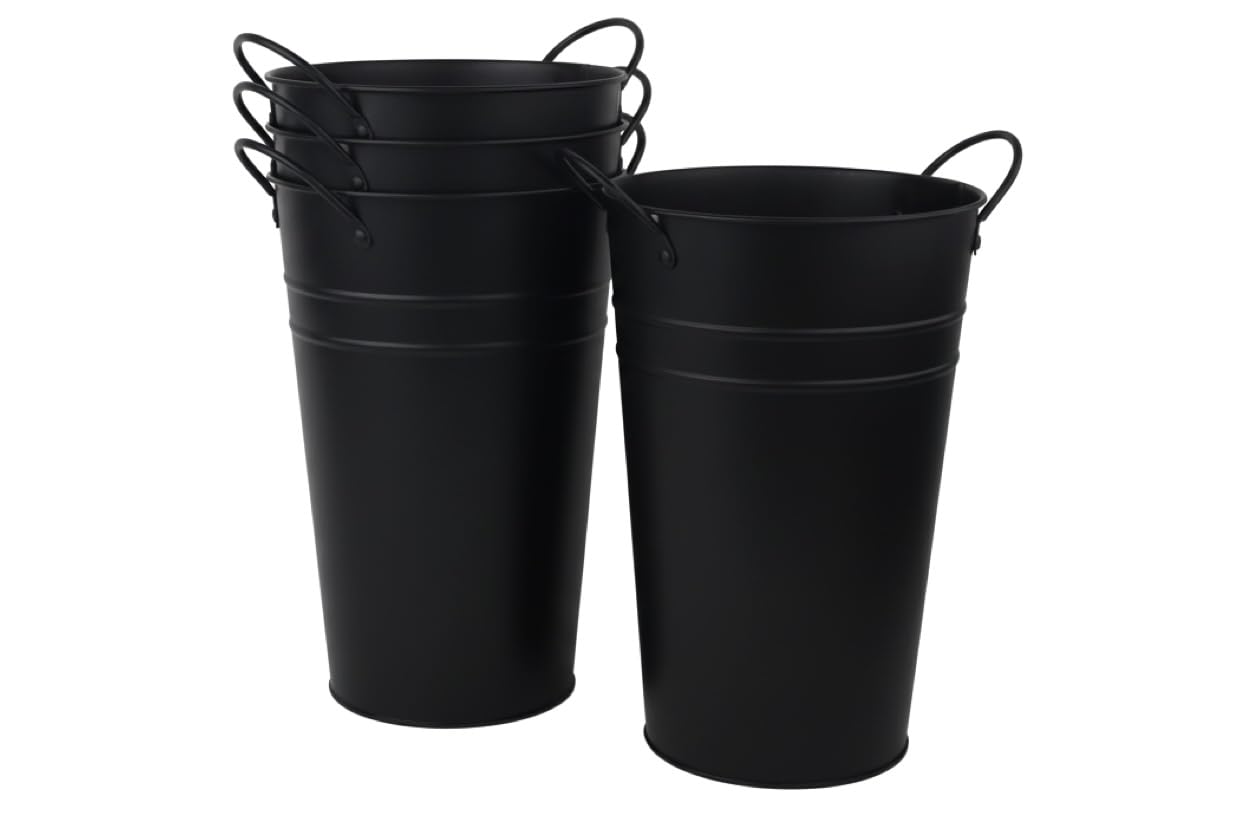 DAHO 4 Pack Tall Metal Planters for Plants, Flowers, Decor, Garden, Patio, Indoor or Outdoor (Black, 9.06")