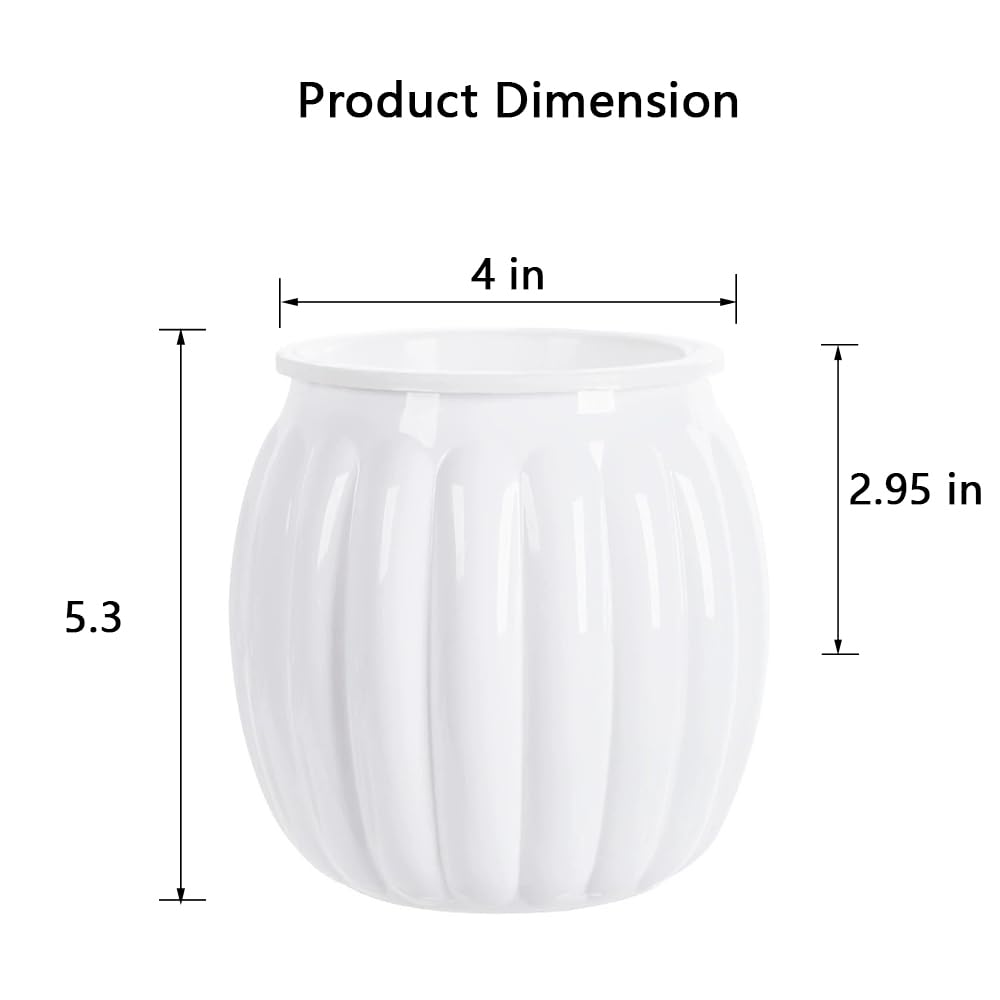 Cornasee 4" Pumpkin Planter Self Watering Pot, 4-Pack Small Plastic Planters for Indoor Plants,Flowers,Succulent,African Violets (White, 4")
