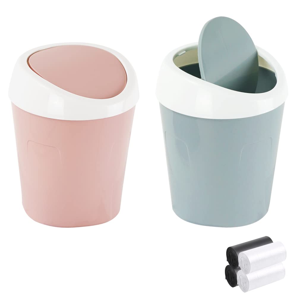 SITAKE 2 Pcs Plastic Mini Wastebasket Trash Can with 120 Trash Bags, Tiny Desktop Waste Garbage Bin with Swing Lid for Home, Office, Kitchen, Vanity Tabletop, Bedroom, Bathroom (Blue + Pink)