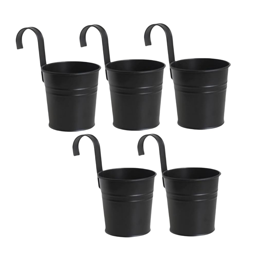 XZJMY 5 Pcs Hanging Flower Pots Metal Iron Bucket Planter Pot Metal Bucket Flower Holder with Hook Indoor Outdoor Decor for Railing Fence Balcony Garden (Black)