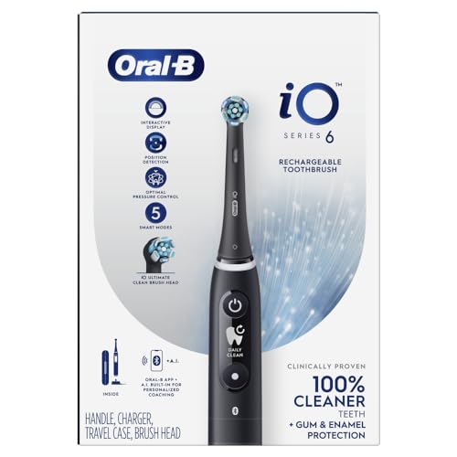 Oral-B iO Series 6 Rechargeable Electric Toothbrush with Visible Pressure Sensor to Protect Gums, 2 Minute Timer, 5 Cleaning Settings, 1 Replacement Toothbrush Head, and Travel Case, Grey Opal