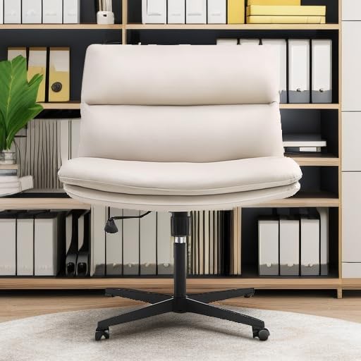 EMIAH Armless Office Desk Chair No Wheels PU-Padded Vanity Mid-Back Ergonomic