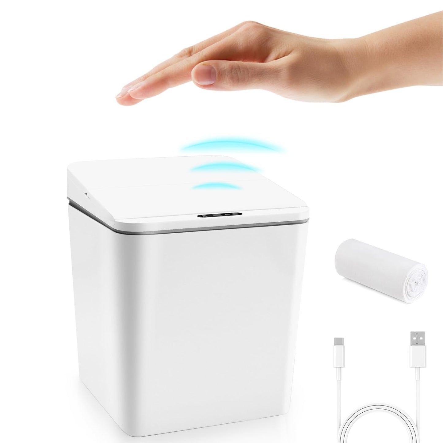 FEBHBRQ Automatic Small Countertop Trash Can, Rechargeable Mini Desktop Waste Bin with Lid for Office Desk/Bedside Table/Coffee Bar, White-1.5 Gal