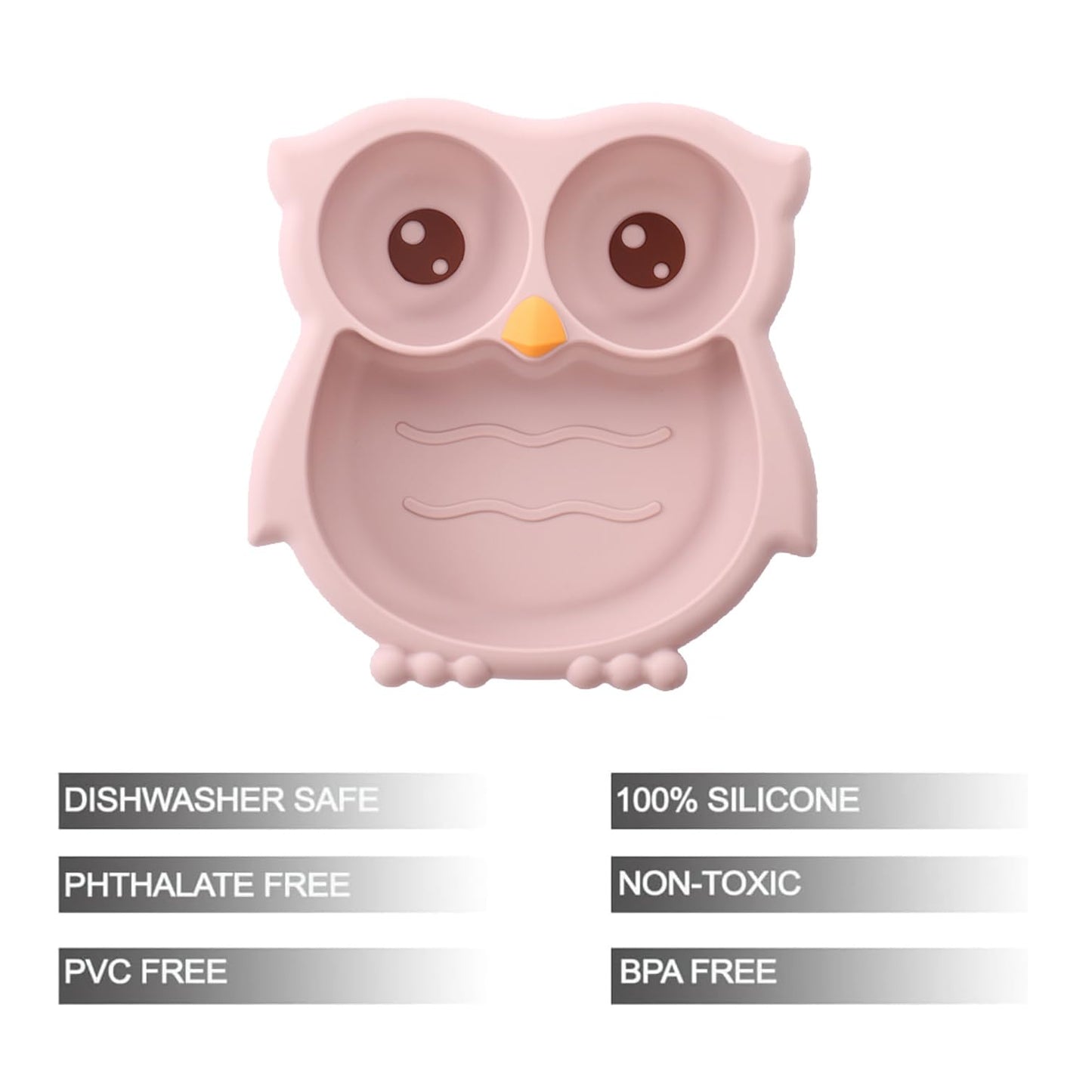 PandaEar Toddler Suction Plates, Stay Put Divided Baby Plates, Owl Shape BPA-Free 100% Food-Grade Silicone Unbreakable Baby Plate, Baby Feeding Supplies (Pink)