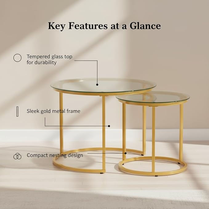 Round Nesting Coffee Table Set of 2, Modern Glass Nesting Tables, Stacking