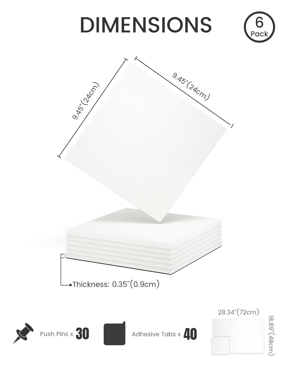 Felt Bulletin Board Tiles -28"x18" Cork Board Alternative for Office Decor, Push Pin Board Wall Organizer 6-Pack - Milky White