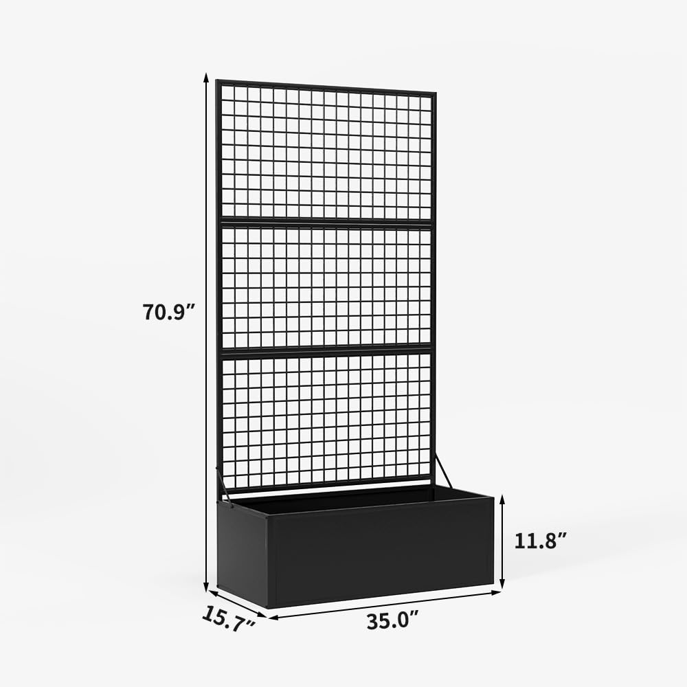 Privacy Planters for Patio – Metal Raised Garden Bed with Trellis and Privacy Screen, 71" x 35" x 16" Planter Box with Drainage Holes for Climbing Plants, Vegetables, and Vines, Outdoor Backyard Black