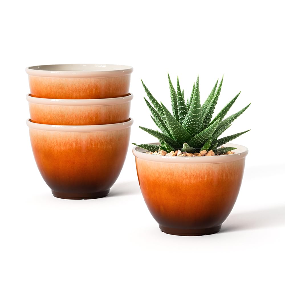 Vanslogreen 8 Inch Plant Pots with Drainage Hole, 4 Pack Plastic Flower Pots, Modern Sleek Decorative Planter for Indoor Outdoor Plants Succulent Snake (Orange)
